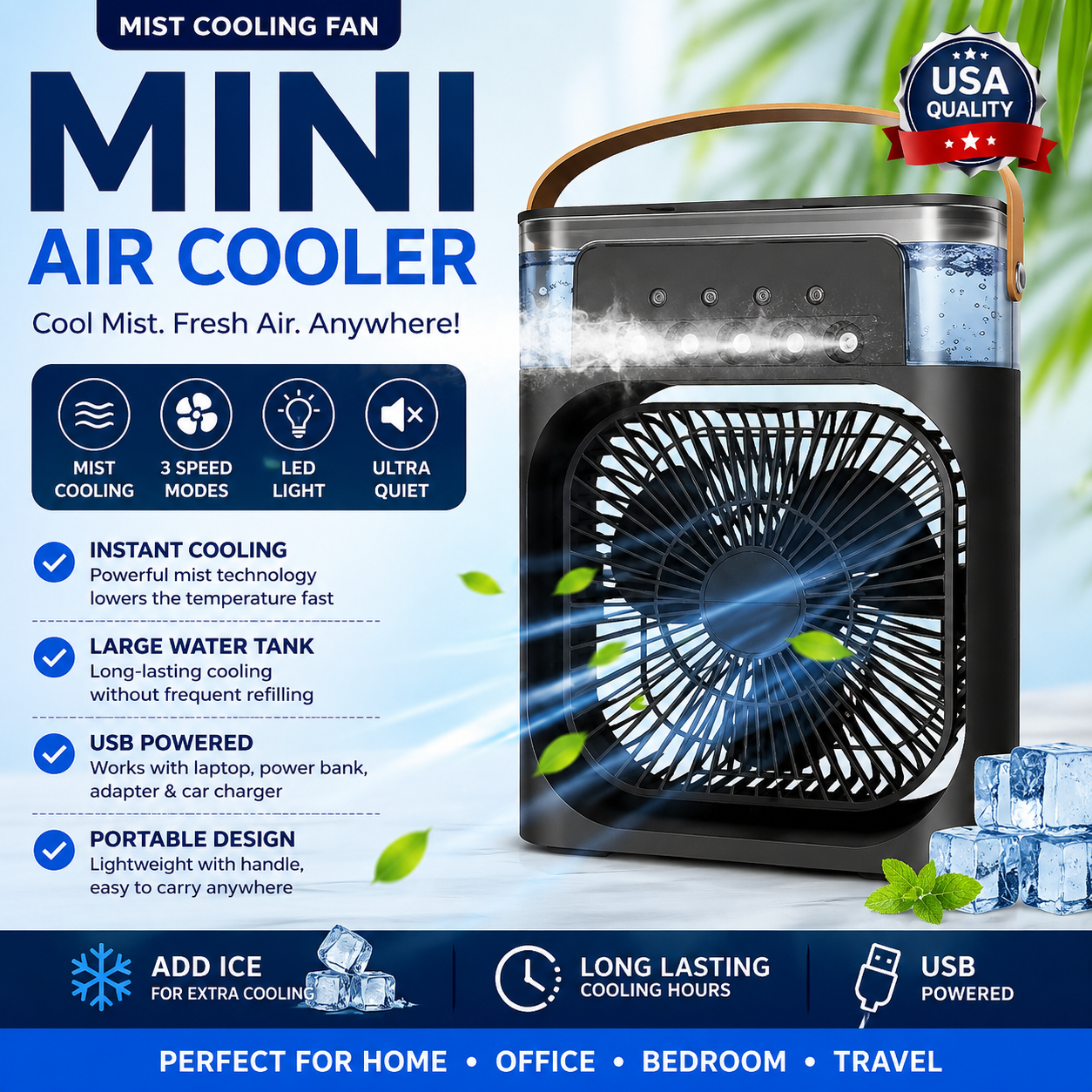 Mist Cooling Fan - Mini Air Cooler  | USA Quality